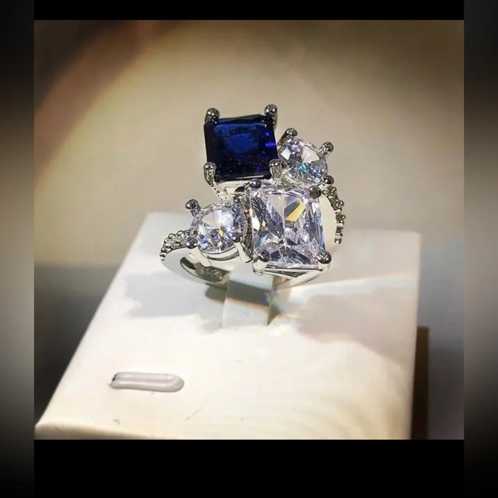 - Sapphire 3CT square cut 925 stamped swarovski elements adjustable ring